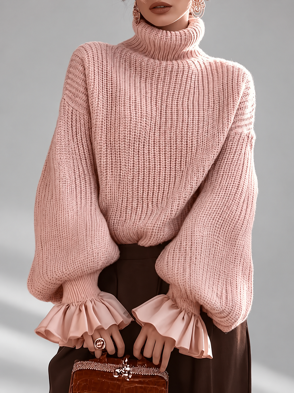 Women's Chunky Ribbed Roll Neck Jumper with Balloon Sleeves and Frill Cuffs in Pink – photo 1