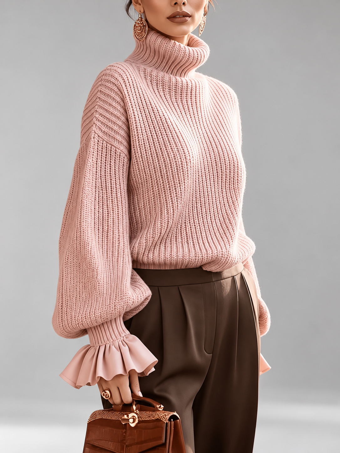 Women's Chunky Ribbed Roll Neck Jumper with Balloon Sleeves and Frill Cuffs in Pink – photo 3