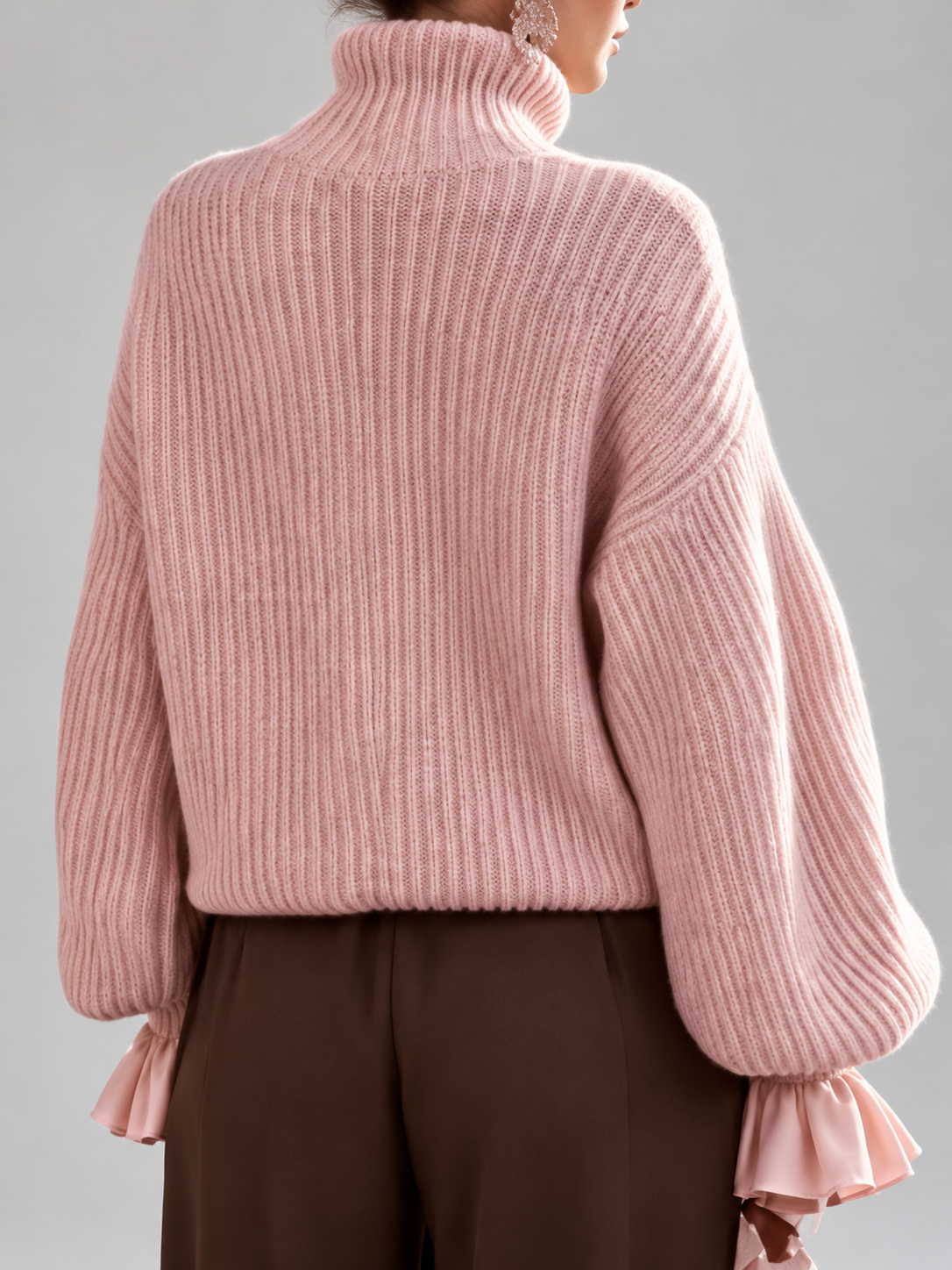 Women's Chunky Ribbed Roll Neck Jumper with Balloon Sleeves and Frill Cuffs in Pink – photo 4