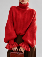 Women's Chunky Ribbed Roll Neck Jumper with Balloon Sleeves and Frill Cuffs in Red – photo 1