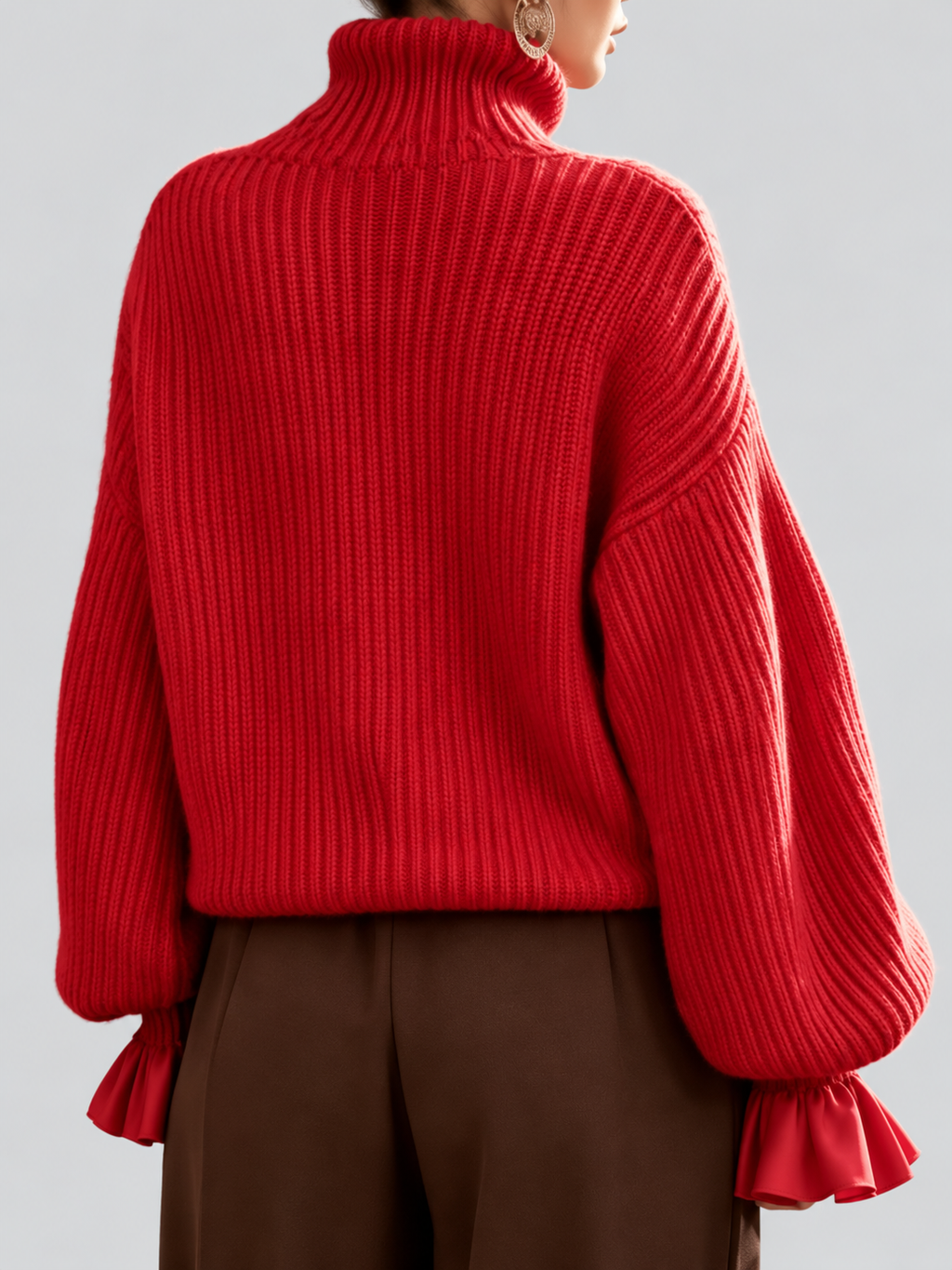 Women's Chunky Ribbed Roll Neck Jumper with Balloon Sleeves and Frill Cuffs in Red – photo 2