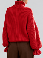 Women's Chunky Ribbed Roll Neck Jumper with Balloon Sleeves and Frill Cuffs in Red – photo 2