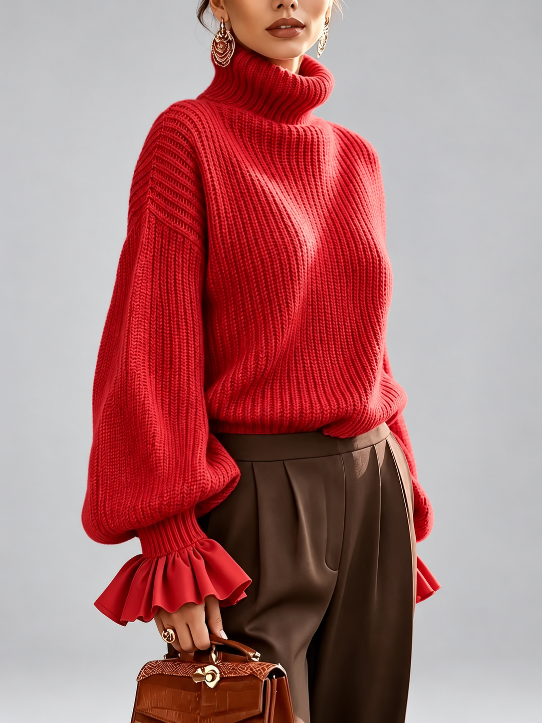 Women's Chunky Ribbed Roll Neck Jumper with Balloon Sleeves and Frill Cuffs in Red – photo 4