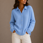 Women's Ribbed Knit Cardigan with Button Front and Collar