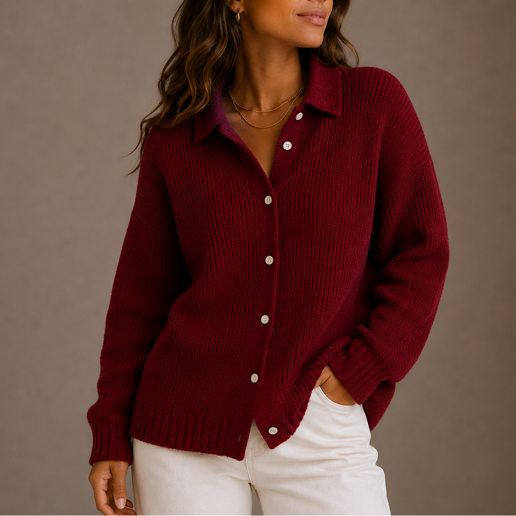 Women's Ribbed Knit Cardigan with Button Front and Collar