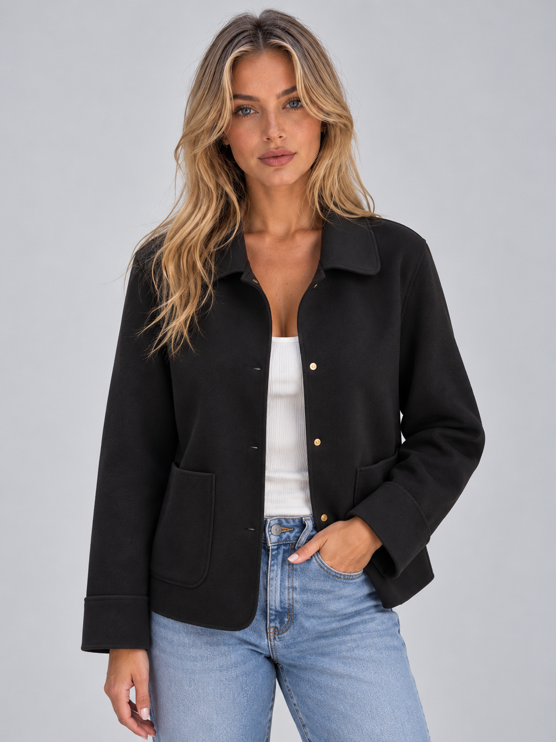 Women's Collared Overshirt Jacket with Button Front and Patch Pockets — Black — image 4