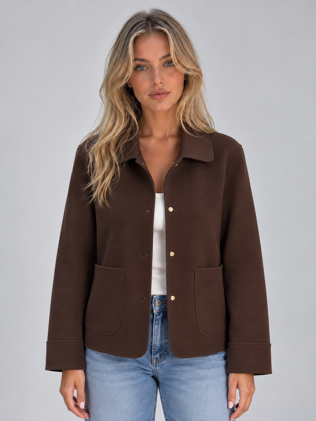 Women's Collared Overshirt Jacket with Button Front and Patch Pockets — Brown — image 1