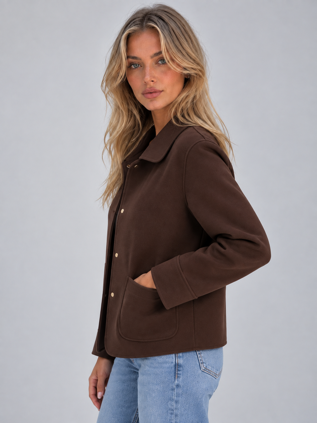 Women's Collared Overshirt Jacket with Button Front and Patch Pockets — Brown — image 3