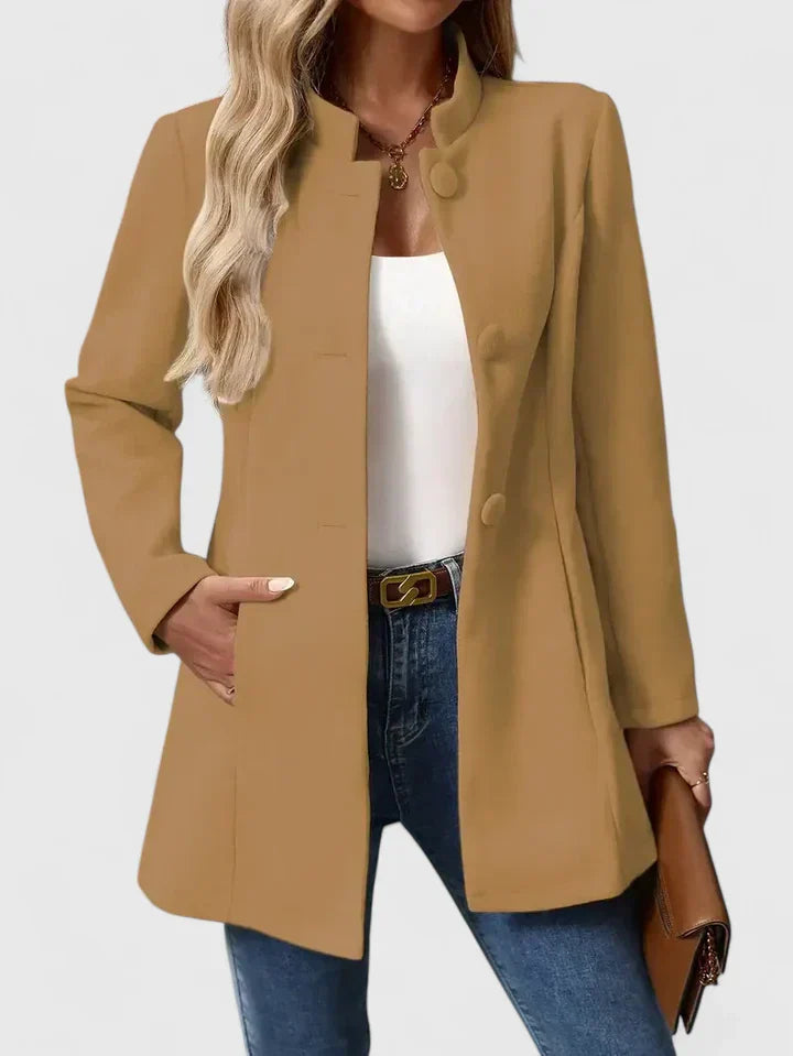 Women's Tailored Longline Jacket with Stand Collar and Button Front