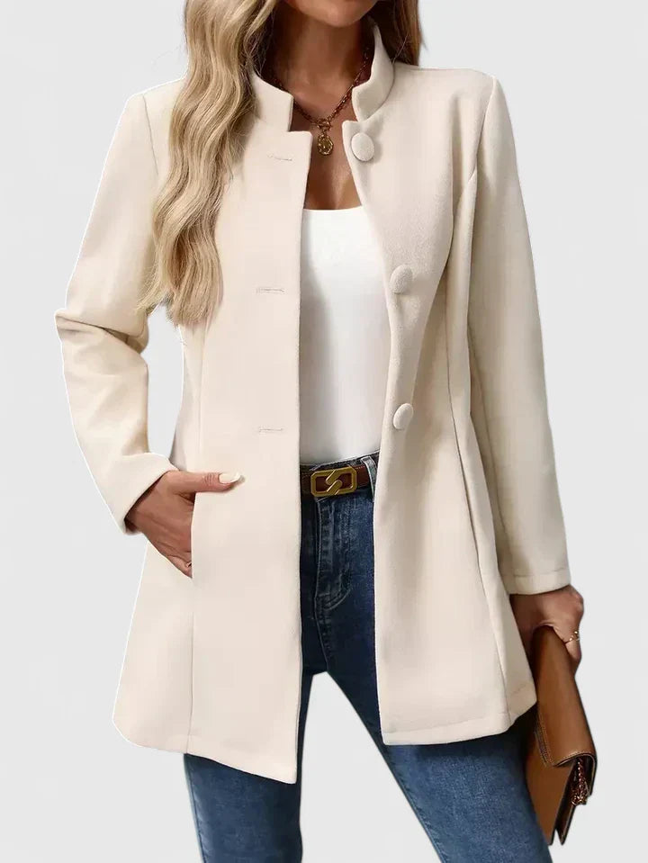 Women's Tailored Longline Jacket with Stand Collar and Button Front