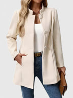 Women's Tailored Longline Jacket with Stand Collar and Button Front