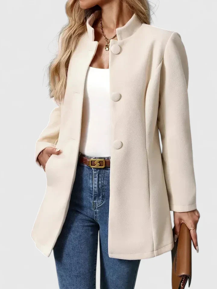 Women's Tailored Longline Jacket with Stand Collar and Button Front