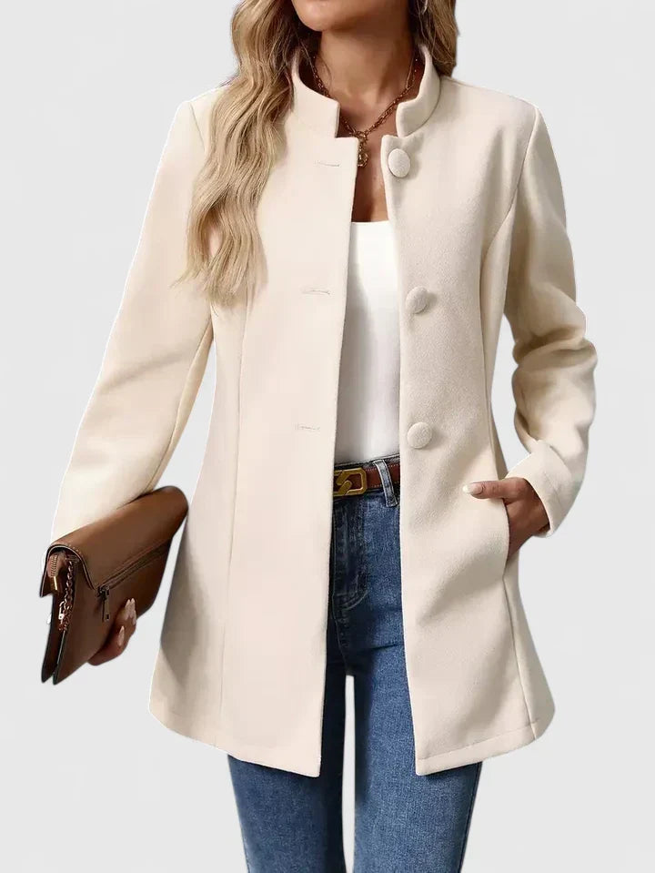 Women's Tailored Longline Jacket with Stand Collar and Button Front