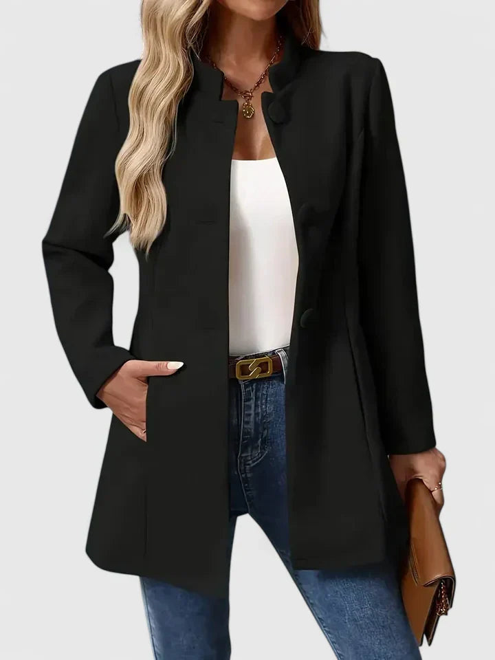 Women's Tailored Longline Jacket with Stand Collar and Button Front