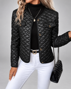 Women's Collarless Quilted Jacket with Button Front and Pockets - Black