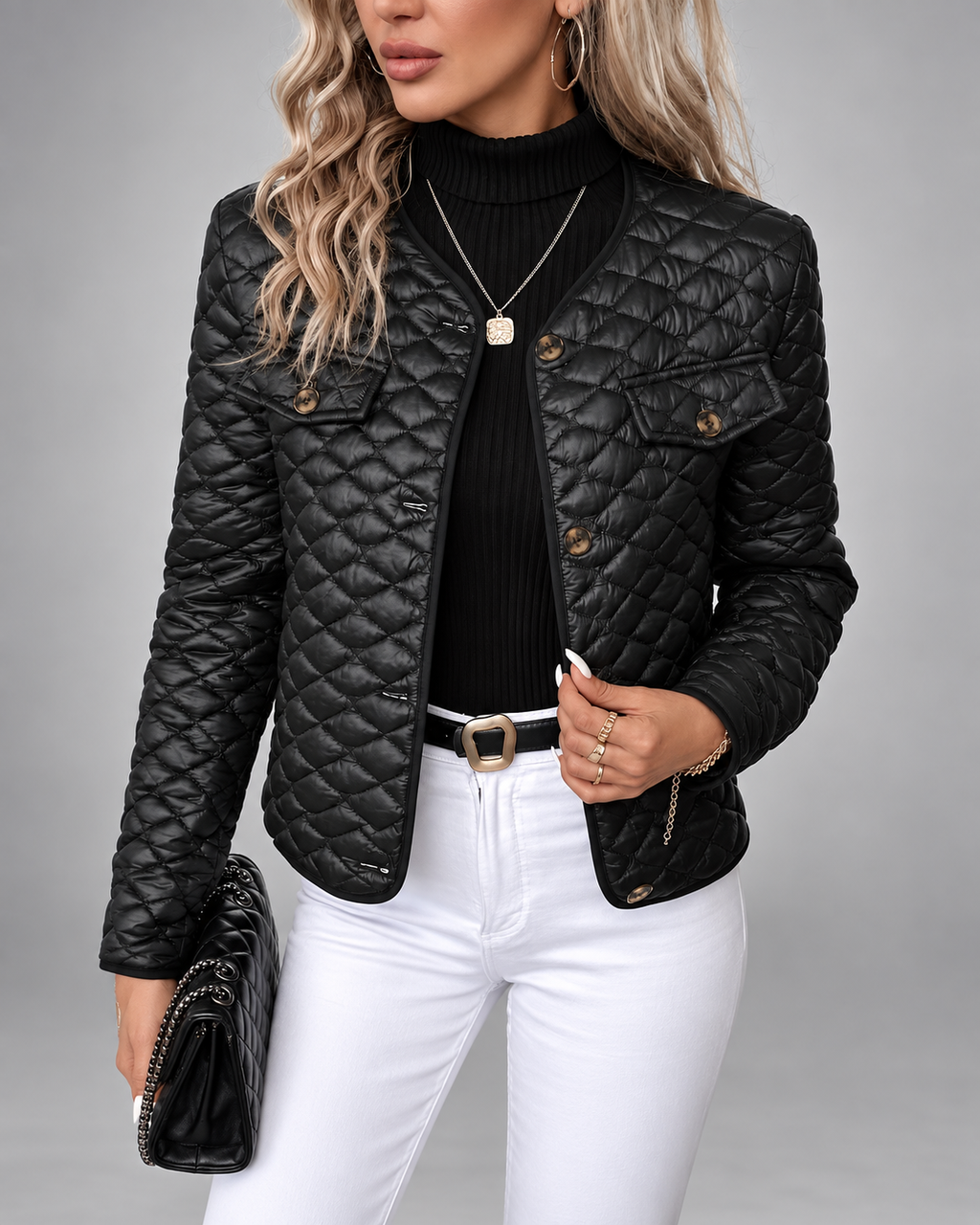 Women's Collarless Quilted Jacket with Button Front and Pockets - Black