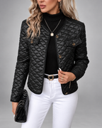 Women's Collarless Quilted Jacket with Button Front and Pockets - Black