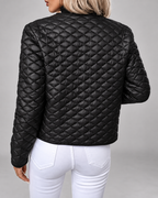 Women's Collarless Quilted Jacket with Button Front and Pockets - Black