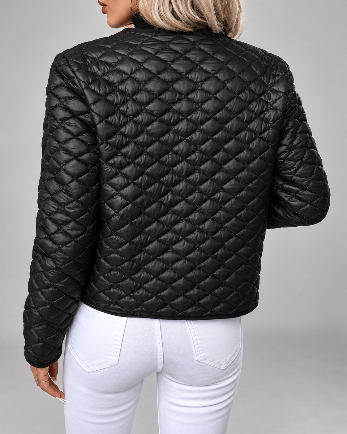 Women's Collarless Quilted Jacket with Button Front and Pockets - Black