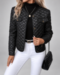 Women's Collarless Quilted Jacket with Button Front and Pockets - Black