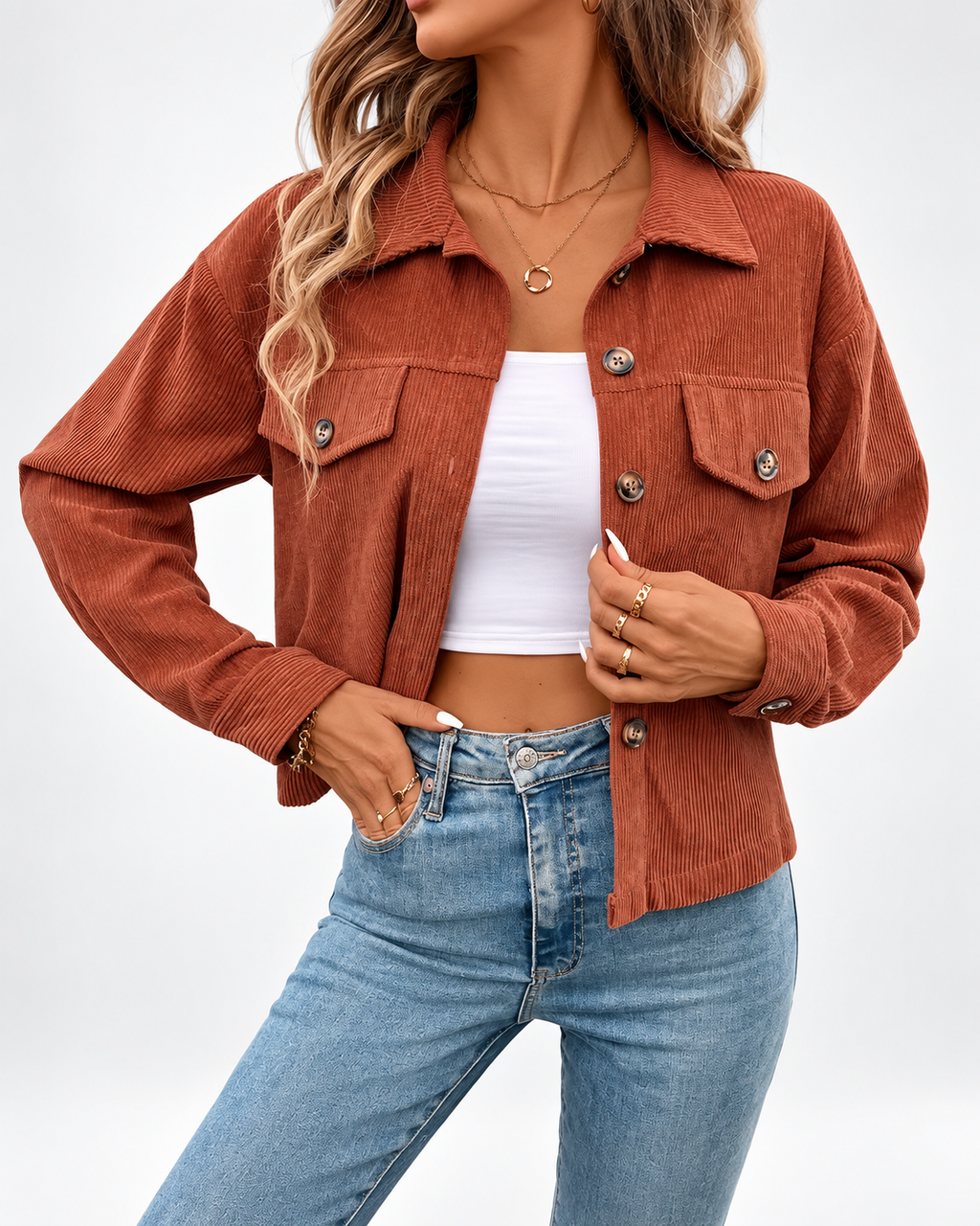Women's cropped corduroy jacket with chest pockets and button front