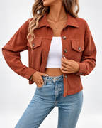 Women's cropped corduroy jacket with chest pockets and button front