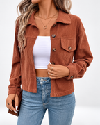 Women's cropped corduroy jacket with chest pockets and button front