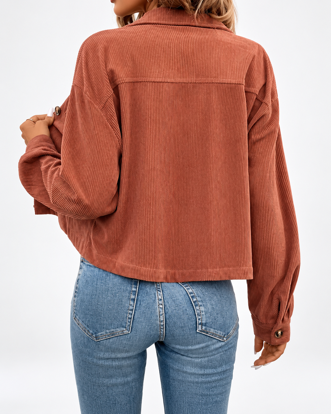 Women's cropped corduroy jacket with chest pockets and button front