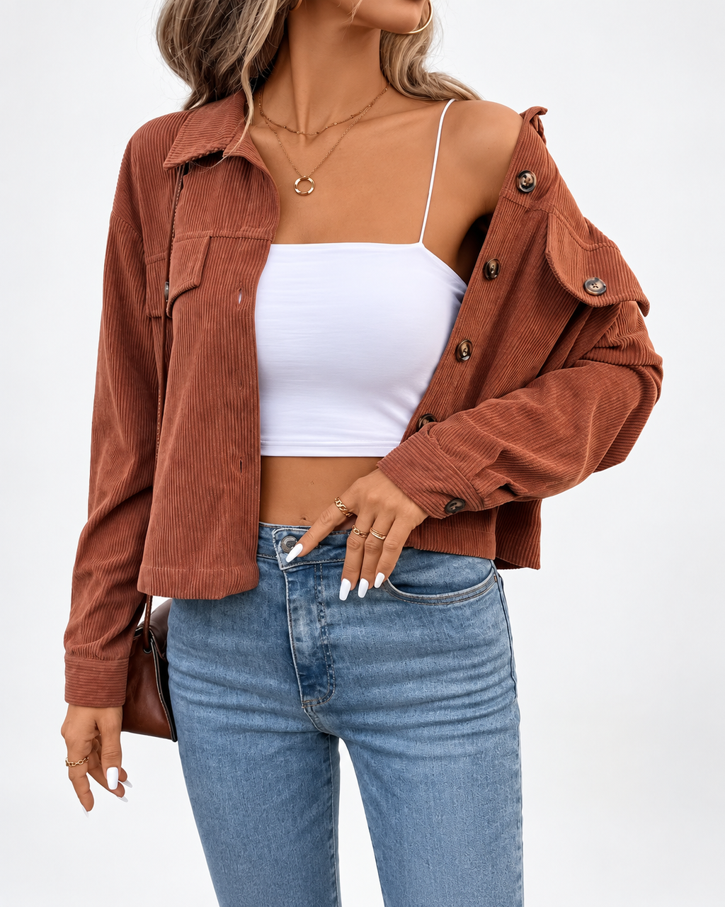Women's cropped corduroy jacket with chest pockets and button front