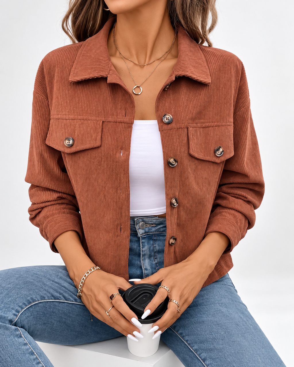 Women's cropped corduroy jacket with chest pockets and button front
