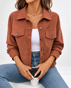 Women's cropped corduroy jacket with chest pockets and button front