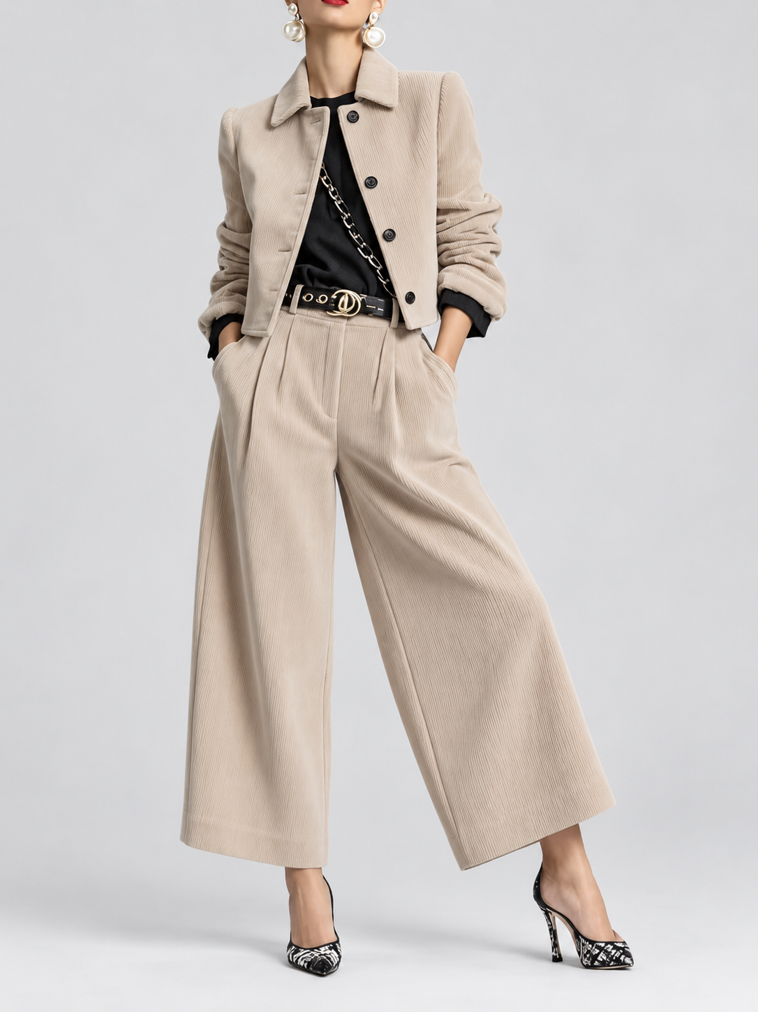 Women's Corduroy Trouser Suit with Cropped Button Front and Pleated Wide Legs in Apricot – Front View