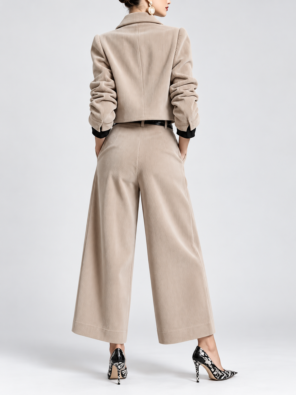 Women's Corduroy Trouser Suit with Cropped Button Front and Pleated Wide Legs in Apricot – Back View