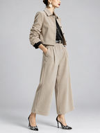 Women's Corduroy Trouser Suit with Cropped Button Front and Pleated Wide Legs in Apricot – Side View