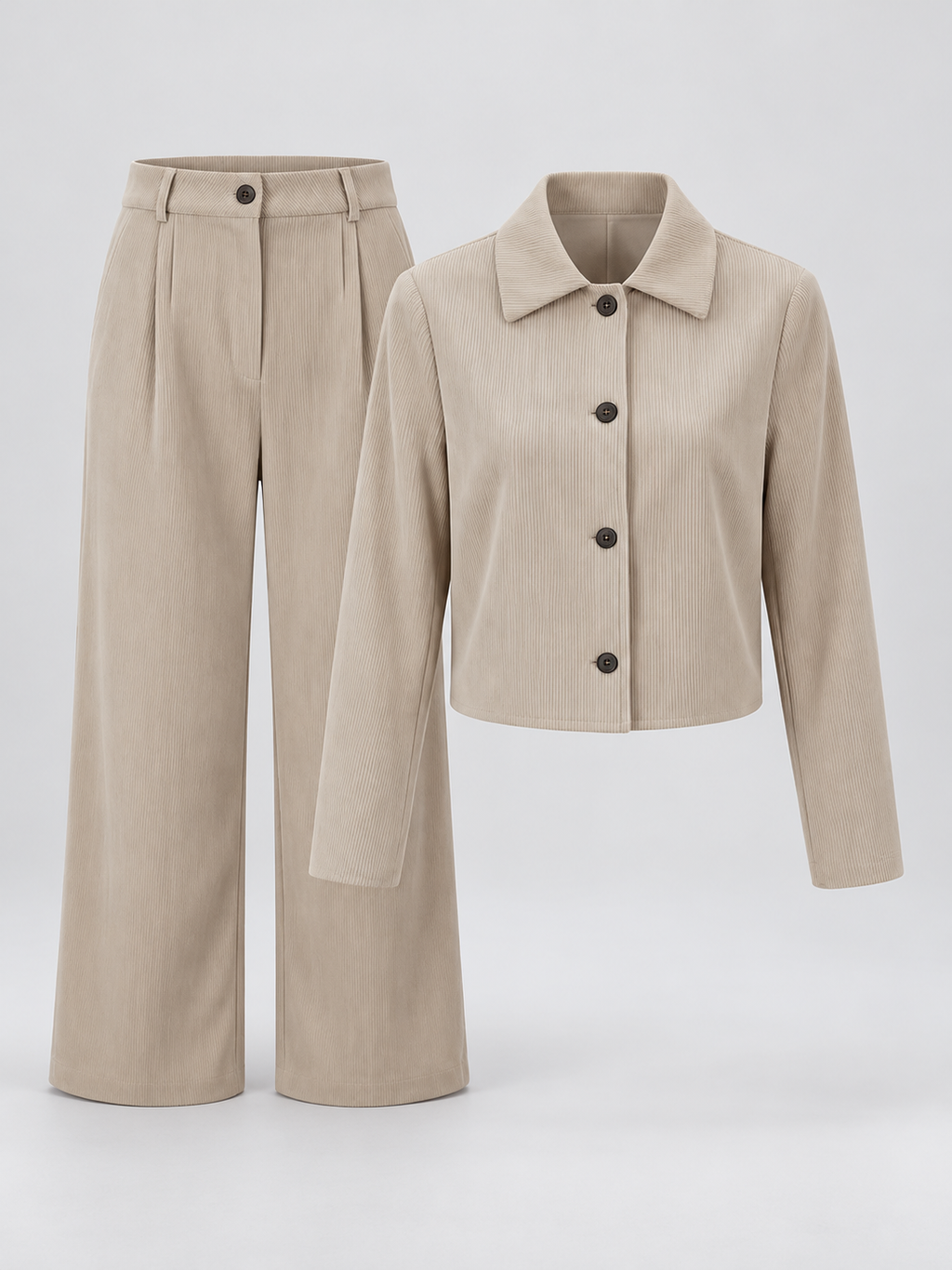 Women's Corduroy Trouser Suit with Cropped Button Front and Pleated Wide Legs in Apricot – Flat Lay