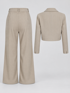 Women's Corduroy Trouser Suit with Cropped Button Front and Pleated Wide Legs in Apricot – Flat Lay Back View