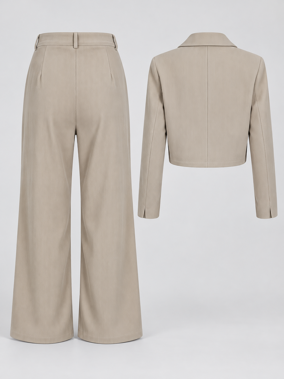 Women's Corduroy Trouser Suit with Cropped Button Front and Pleated Wide Legs in Apricot – Flat Lay Back View