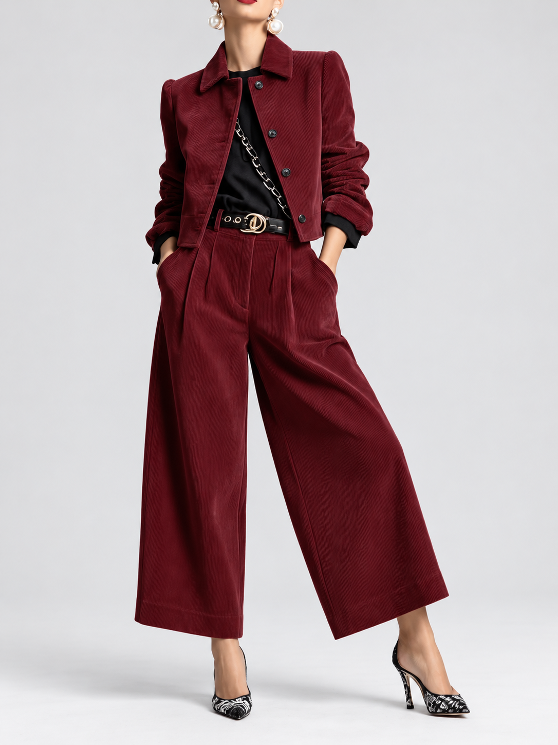 Women's Corduroy Trouser Suit with Cropped Button Front and Pleated Wide Legs in Burgundy – Front View