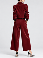 Women's Corduroy Trouser Suit with Cropped Button Front and Pleated Wide Legs in Burgundy – Back View