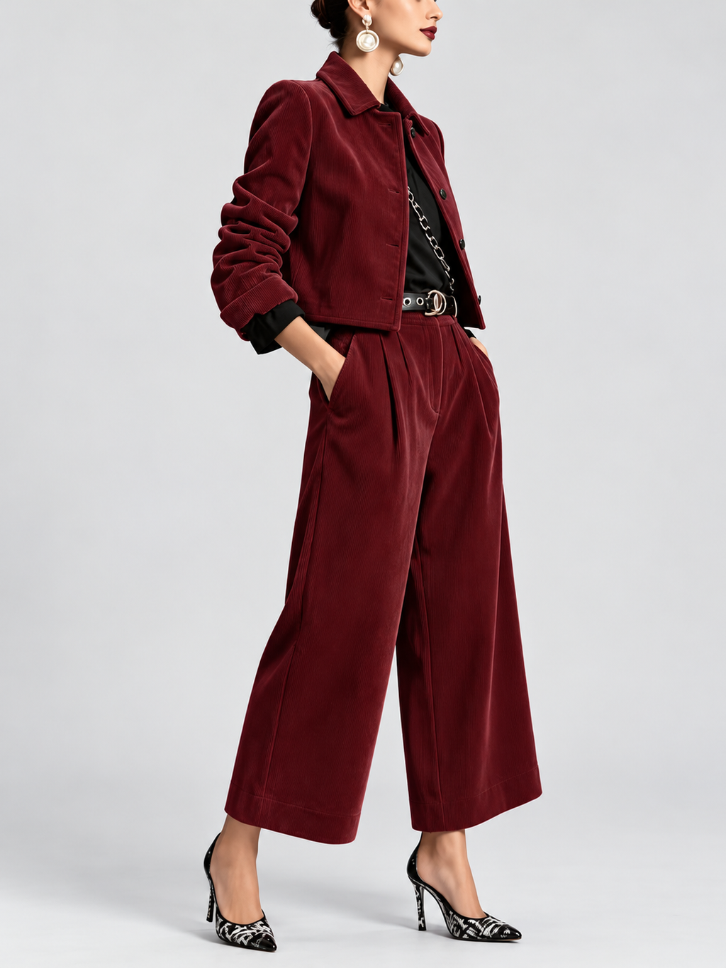 Women's Corduroy Trouser Suit with Cropped Button Front and Pleated Wide Legs in Burgundy – Side View
