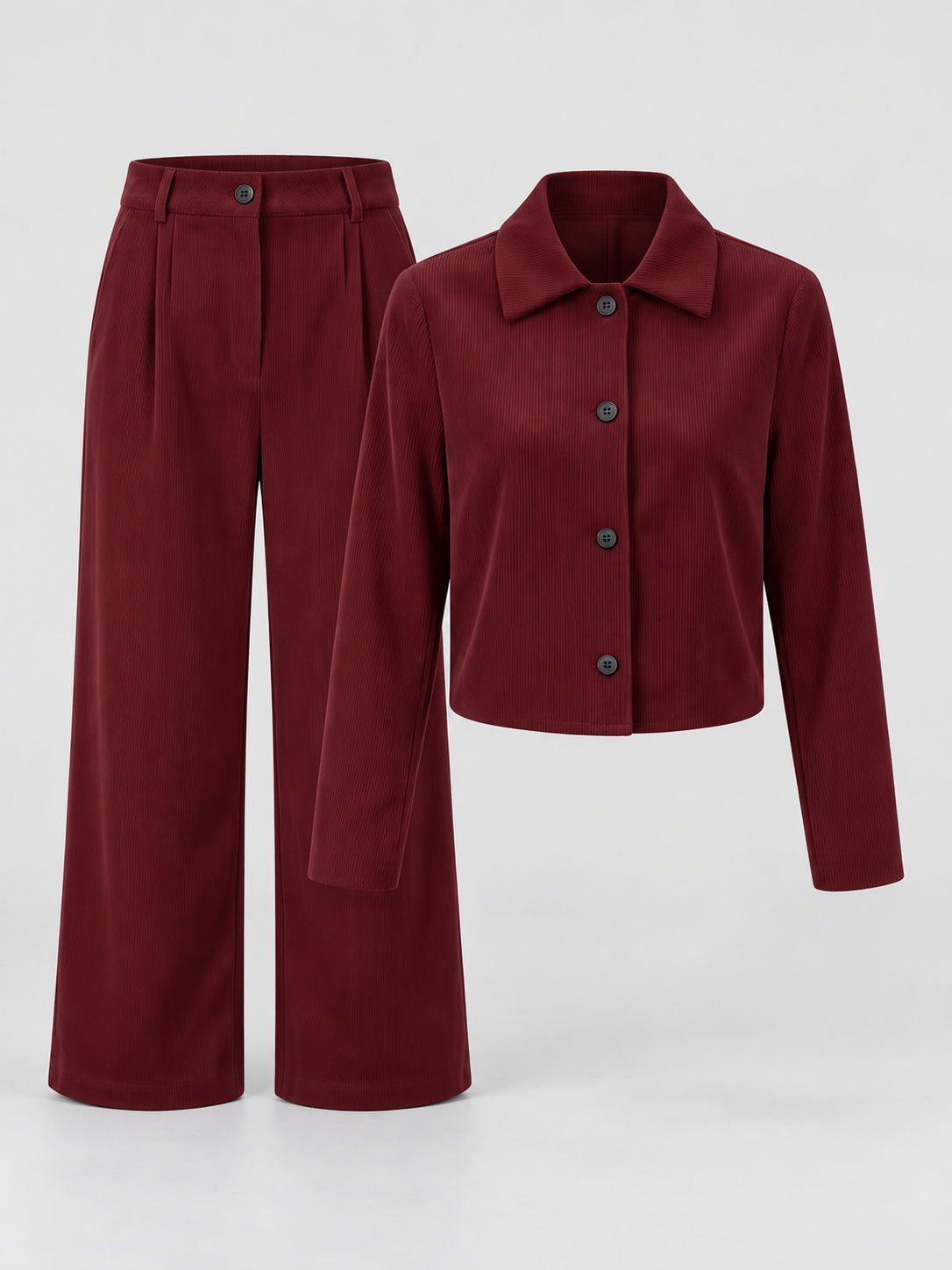 Women's Corduroy Trouser Suit with Cropped Button Front and Pleated Wide Legs in Burgundy – Flat Lay