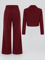 Women's Corduroy Trouser Suit with Cropped Button Front and Pleated Wide Legs in Burgundy – Flat Lay Back View