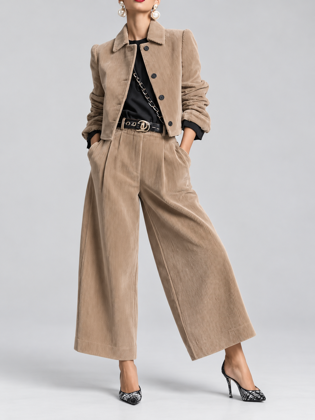 Women's Corduroy Trouser Suit with Cropped Button Front and Pleated Wide Legs in Khaki – Front View