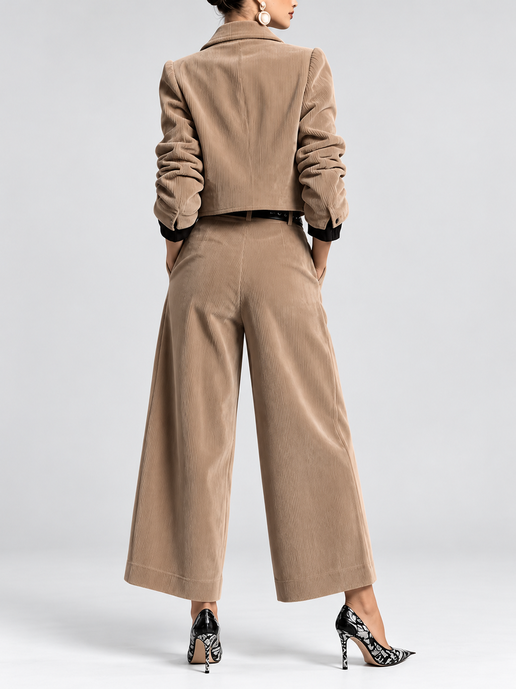 Women's Corduroy Trouser Suit with Cropped Button Front and Pleated Wide Legs in Khaki – Back View