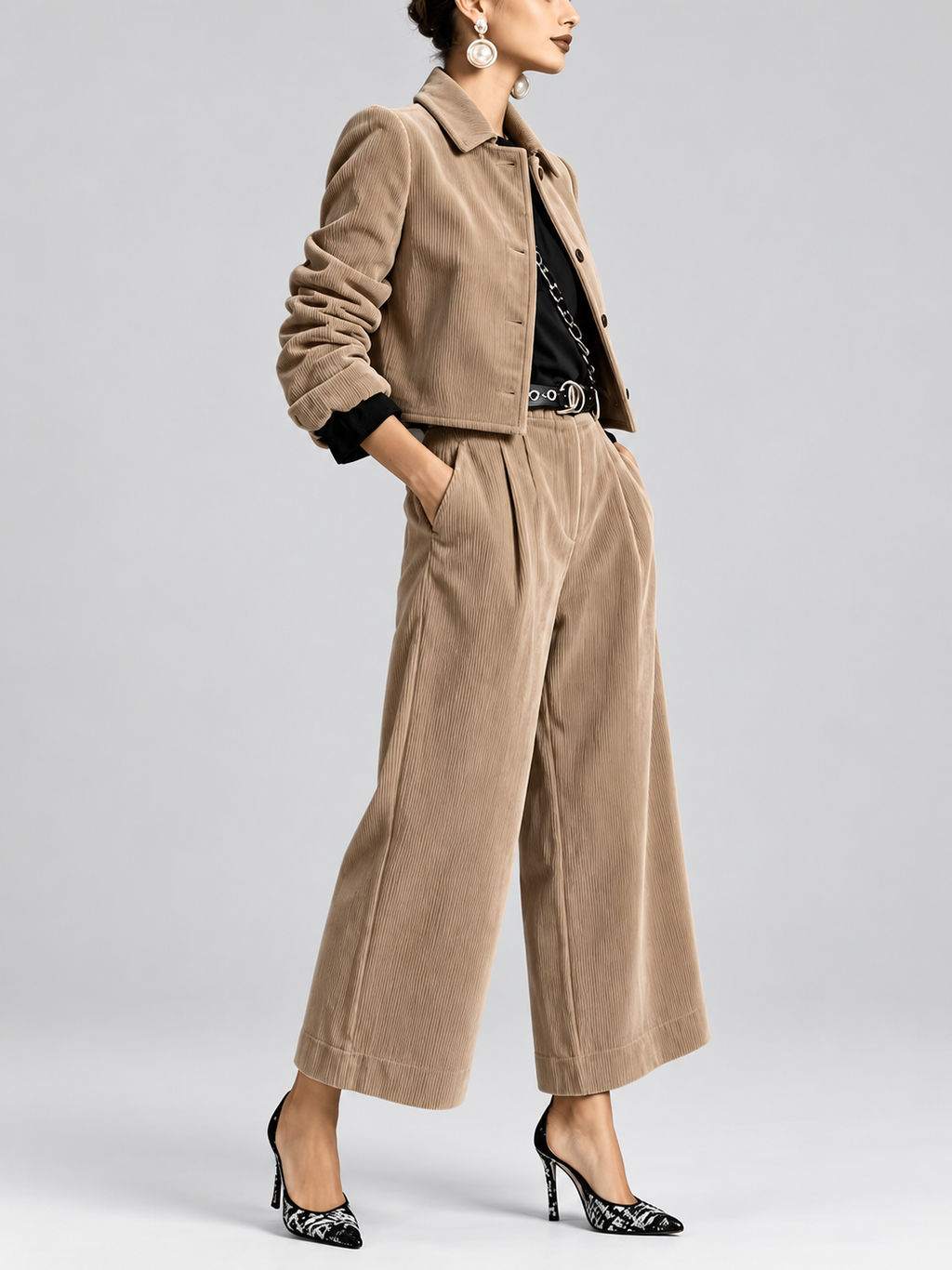 Women's Corduroy Trouser Suit with Cropped Button Front and Pleated Wide Legs in Khaki – Side View