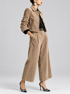 Women's Corduroy Trouser Suit with Cropped Button Front and Pleated Wide Legs in Khaki – Side View