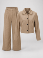 Women's Corduroy Trouser Suit with Cropped Button Front and Pleated Wide Legs in Khaki – Flat Lay