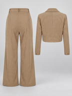 Women's Corduroy Trouser Suit with Cropped Button Front and Pleated Wide Legs in Khaki – Flat Lay Back View