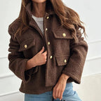 Women's Cropped Boucle Jacket with Collar and Gold Buttons