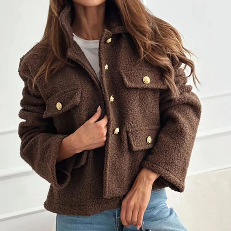 Women's Cropped Boucle Jacket with Collar and Gold Buttons